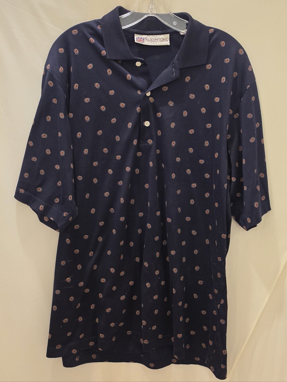 Vintage Slazenger Polo Shirt Mens L Navy Geometric Medallion Print Cotton HK VTG